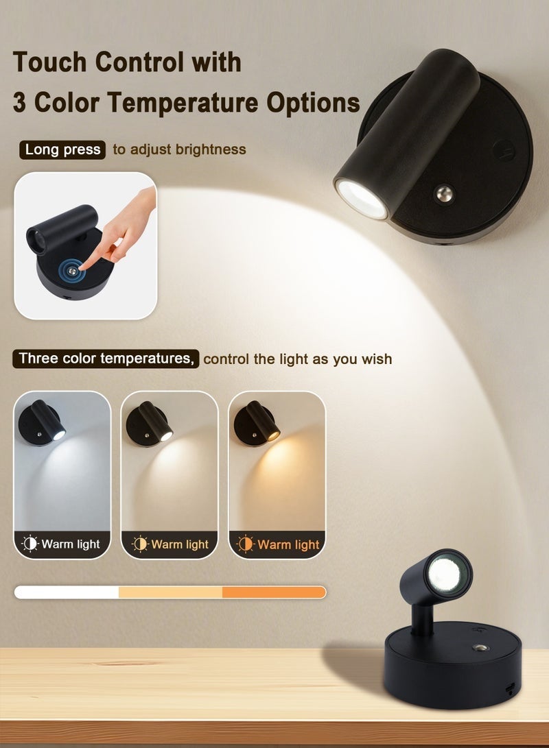 LED Wall Lamp, Wall-Mounted Lamp with 3 Color Temperatures, Dimmable 360° Rotation Function, Rechargeable Battery Reading Light for Living Room, Bedroom, Hallway and Nightstand (Black) - Image 2